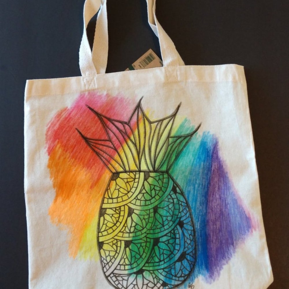Handmade Reusable Tote Bag With Hand Painted Rainbow Pineapple Artwork 15x16x4 - Picture 11 of 16